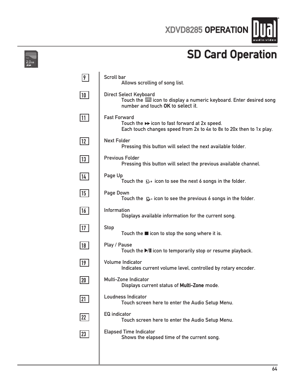 Sd card operation, Xdvd8285 operation | Dual XDVD8285 User Manual | Page 65 / 96