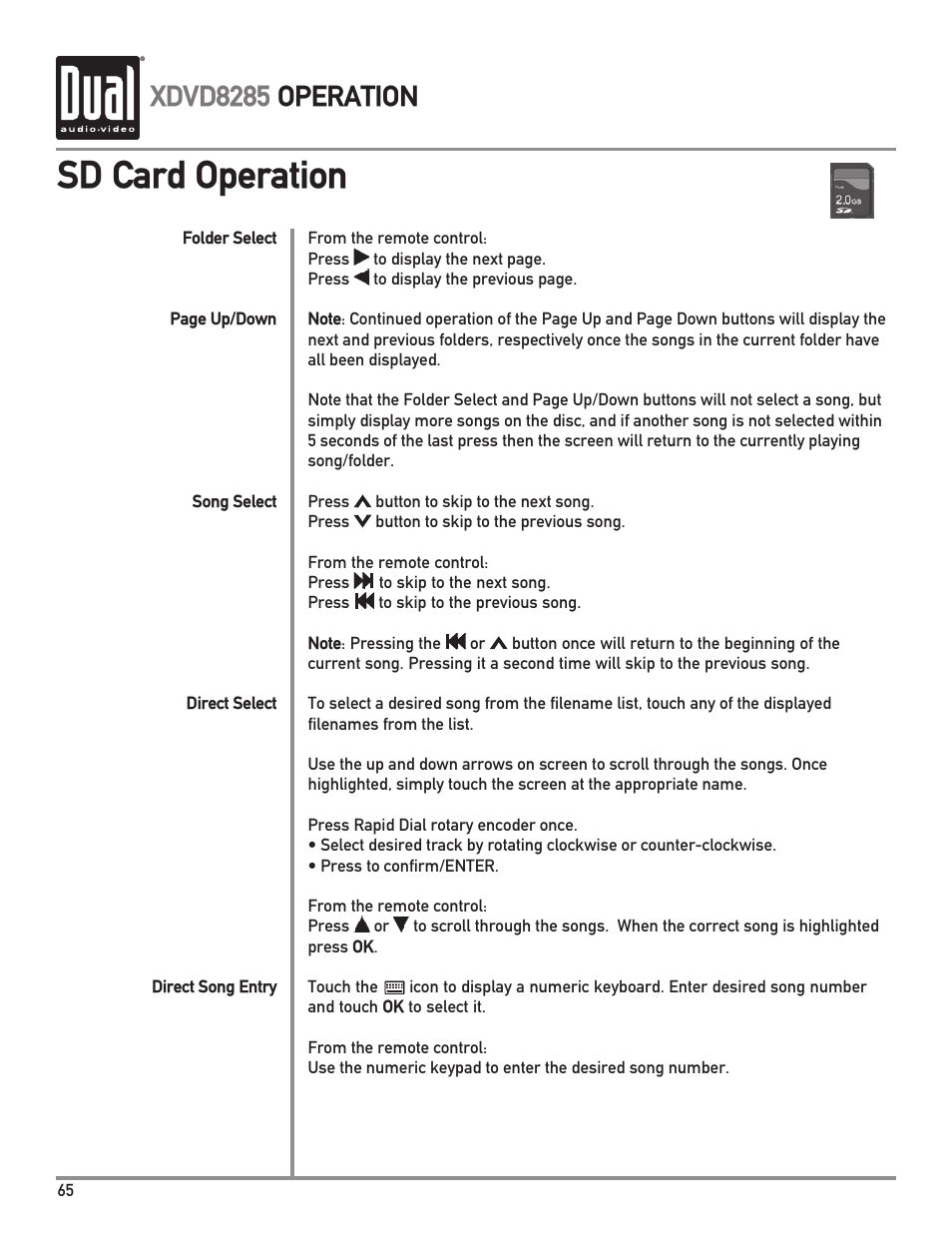 Sd card operation, Xdvd8285 operation | Dual XDVD8285 User Manual | Page 66 / 96