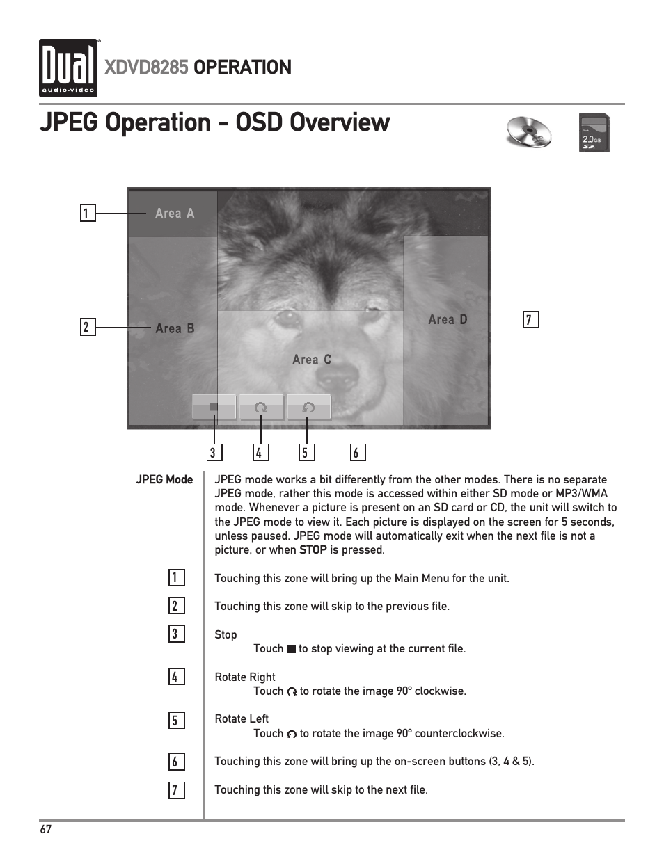 Jpeg operation - osd overview, Xdvd8285 operation | Dual XDVD8285 User Manual | Page 68 / 96