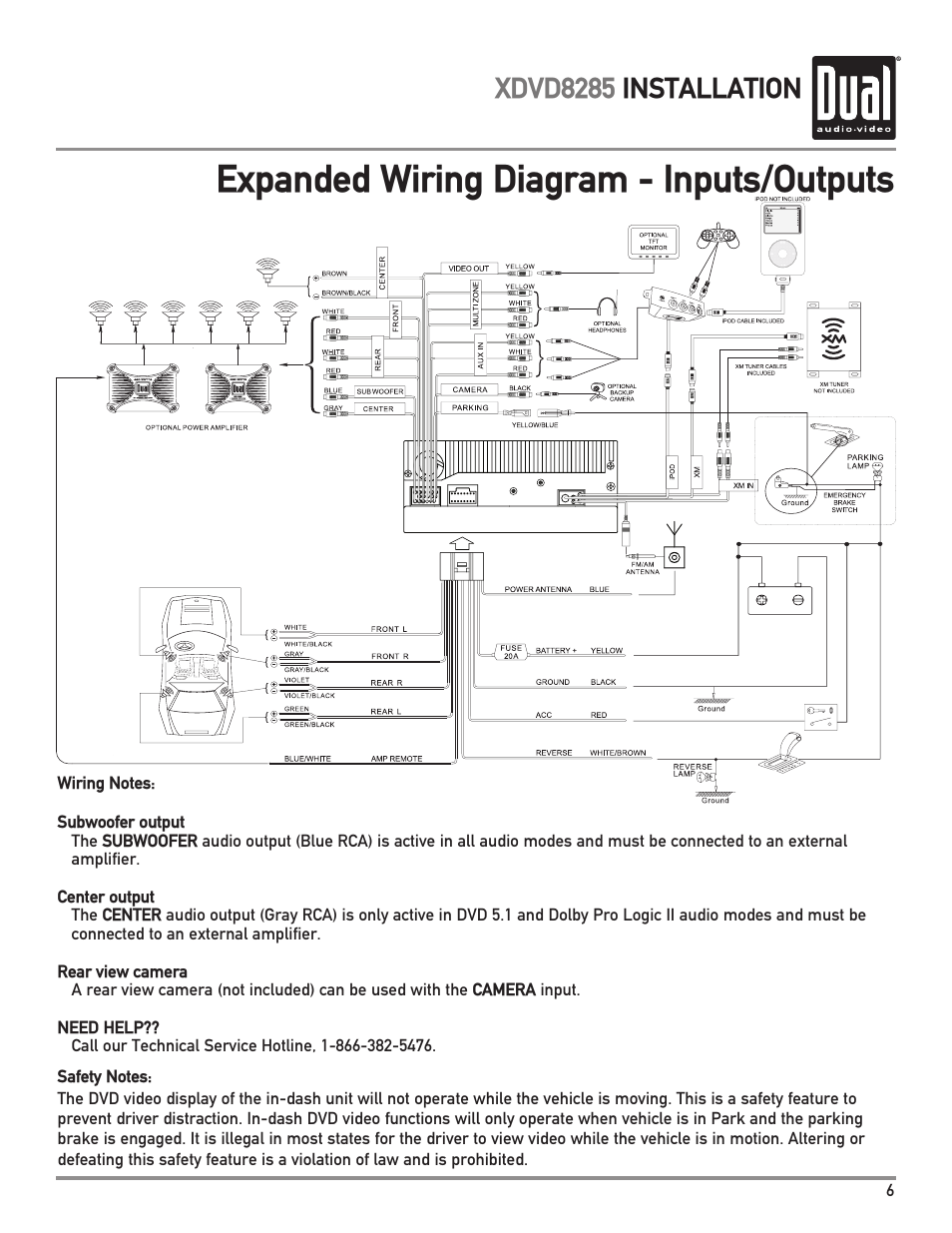 Expanded wiring diagram - inputs/outputs, Xdvd8285 installation | Dual XDVD8285 User Manual | Page 7 / 96