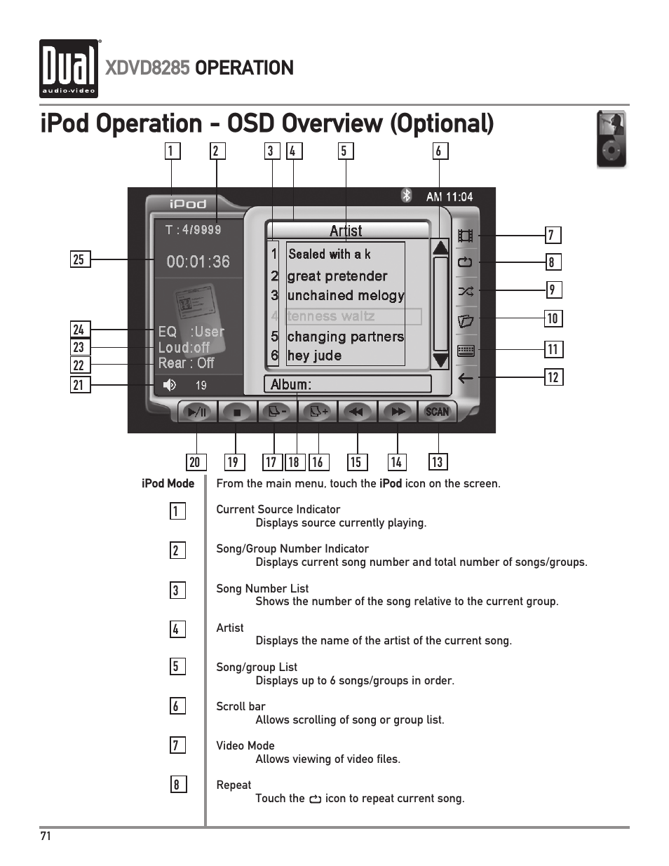 Ipod operation - osd overview (optional), Xdvd8285 operation | Dual XDVD8285 User Manual | Page 72 / 96