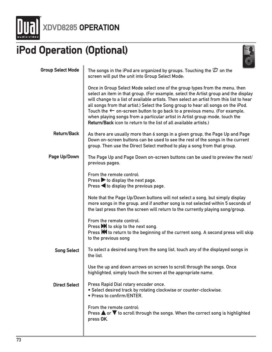 Ipod operation (optional), Xdvd8285 operation | Dual XDVD8285 User Manual | Page 74 / 96