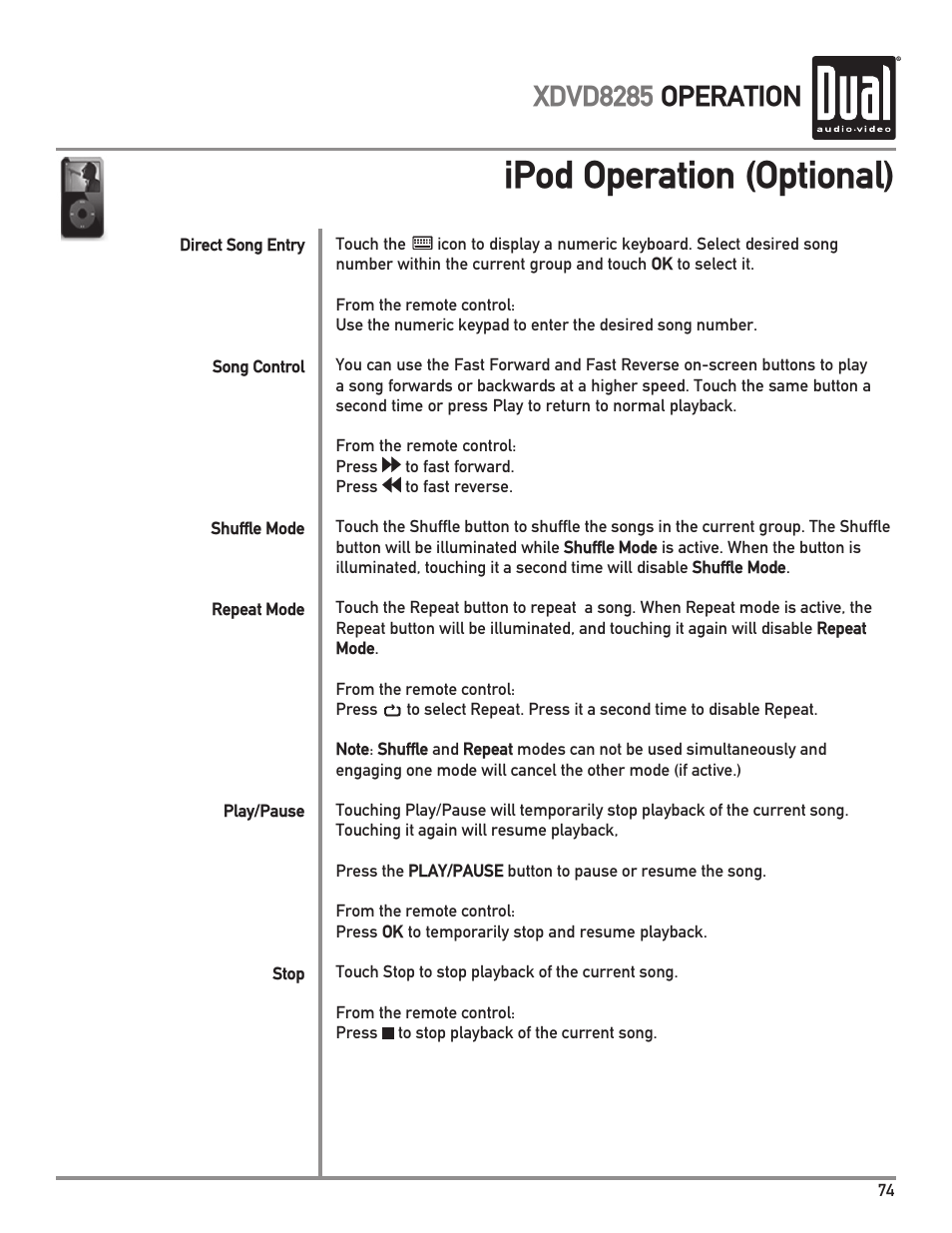 Ipod operation (optional), Xdvd8285 operation | Dual XDVD8285 User Manual | Page 75 / 96