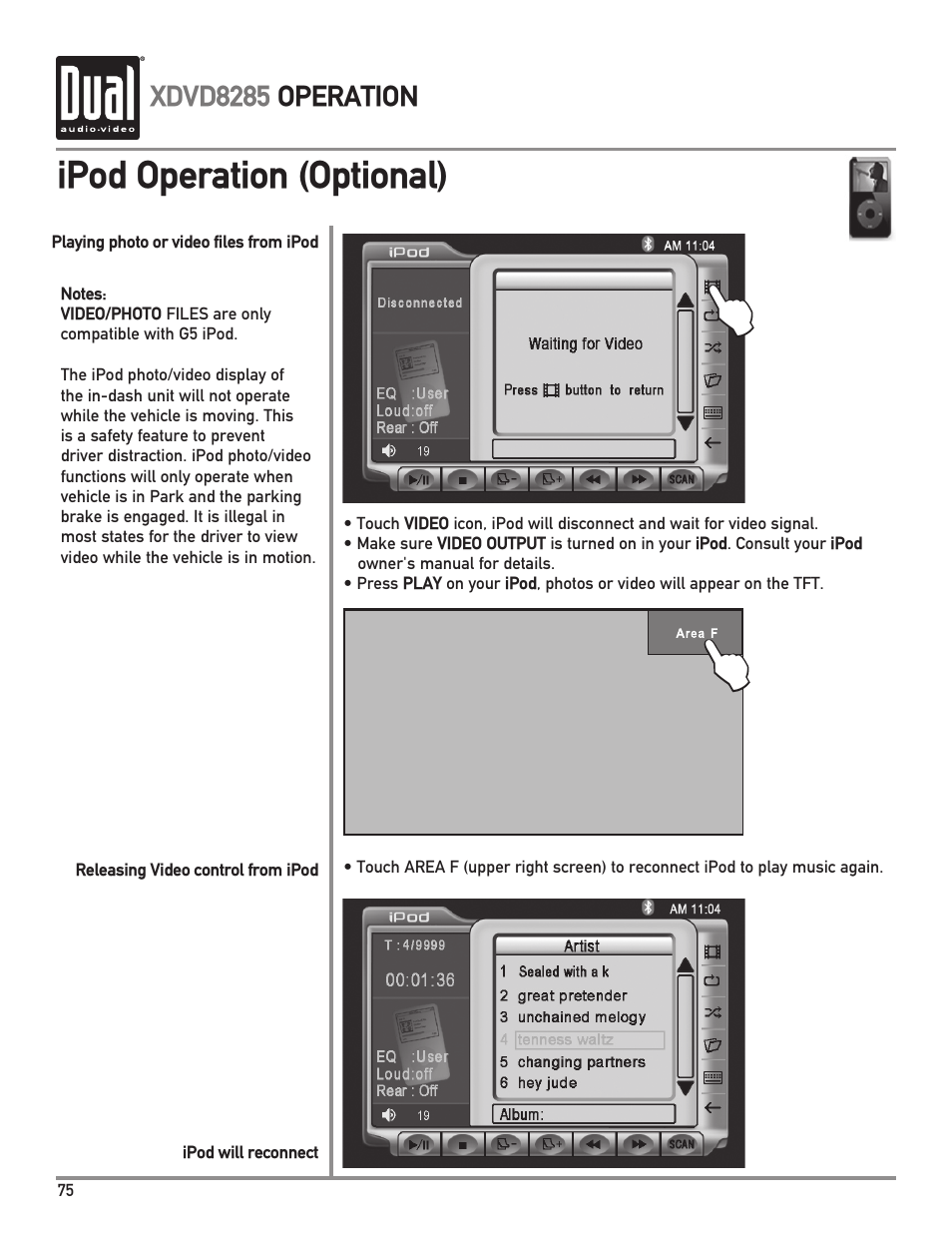 Ipod operation (optional) | Dual XDVD8285 User Manual | Page 76 / 96