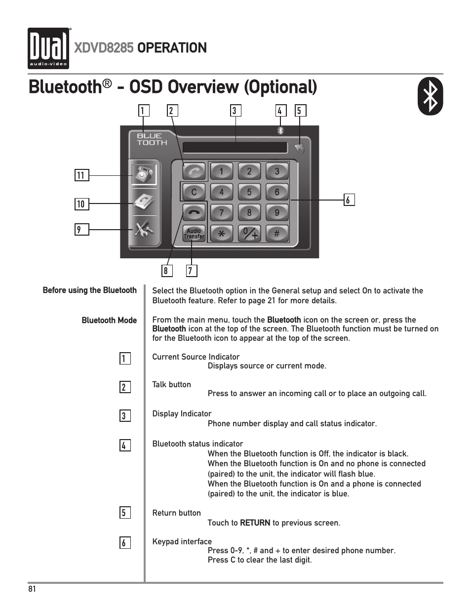 Bluetooth, Osd overview (optional), Xdvd8285 operation | Dual XDVD8285 User Manual | Page 82 / 96