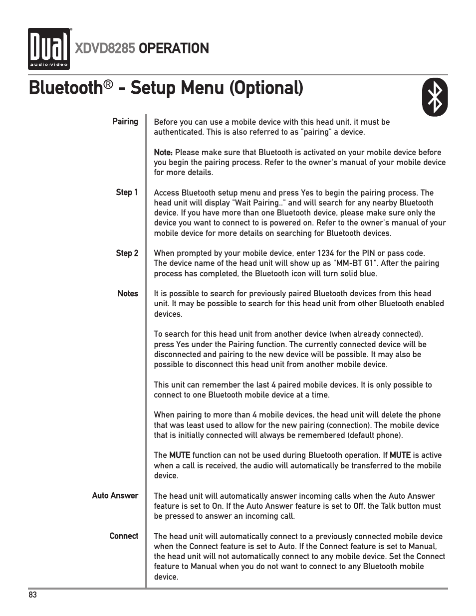 Bluetooth, Setup menu (optional), Xdvd8285 operation | Dual XDVD8285 User Manual | Page 84 / 96