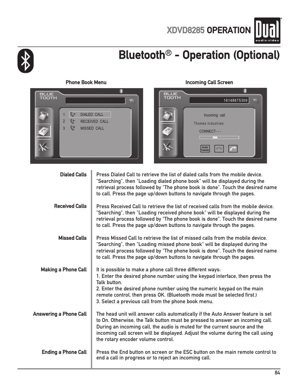 Bluetooth, Operation (optional), Xdvd8285 operation | Dual XDVD8285 User Manual | Page 85 / 96