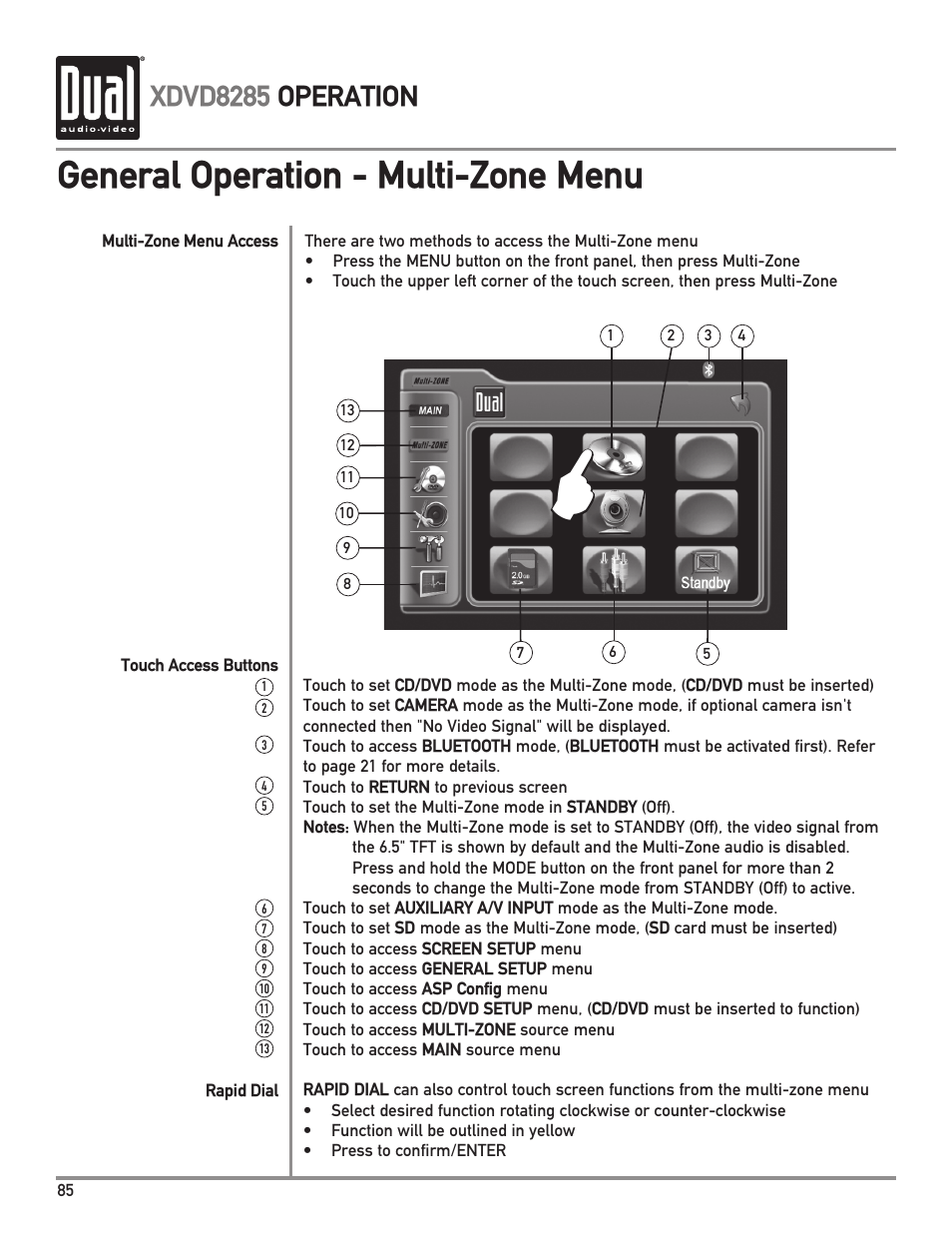 General operation - multi-zone menu, Xdvd8285 operation | Dual XDVD8285 User Manual | Page 86 / 96