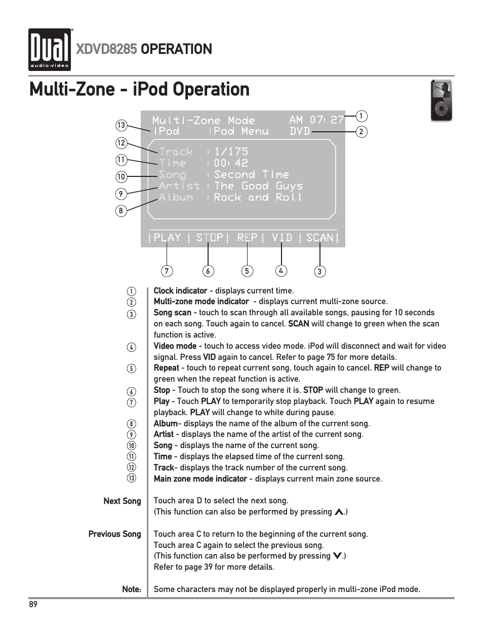 Multi-zone - ipod operation, Xdvd8285 operation | Dual XDVD8285 User Manual | Page 90 / 96