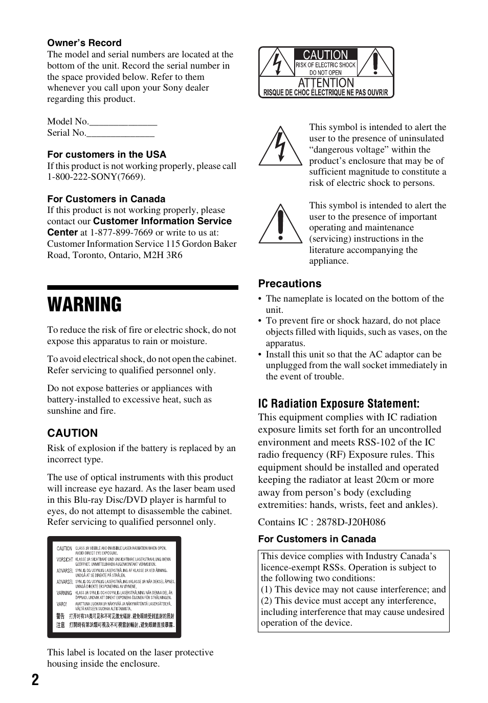 Warning | Sony a7C II Mirrorless Camera (Silver) User Manual | Page 2 / 48