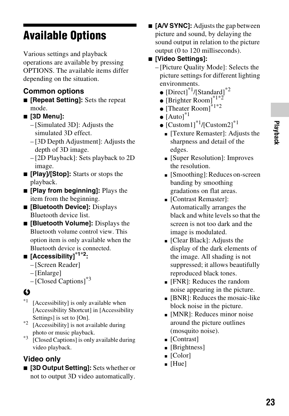 Available options, Common options, Video only | Sony a7C II Mirrorless Camera (Silver) User Manual | Page 23 / 48