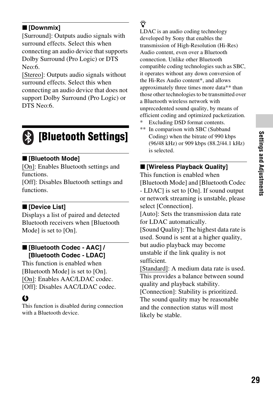 Bluetooth settings | Sony a7C II Mirrorless Camera (Silver) User Manual | Page 29 / 48