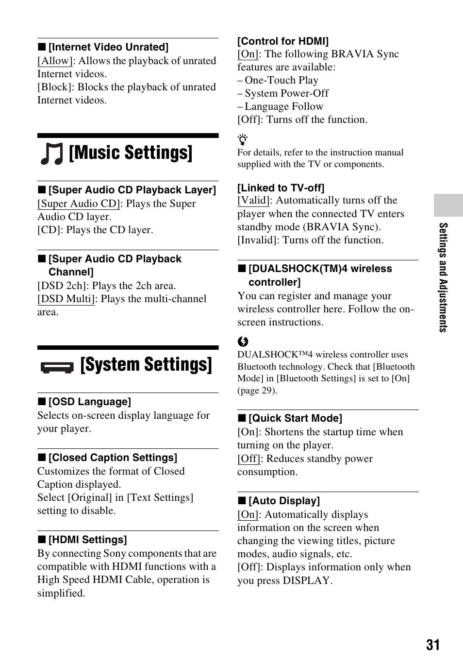 Music settings, System settings | Sony a7C II Mirrorless Camera (Silver) User Manual | Page 31 / 48