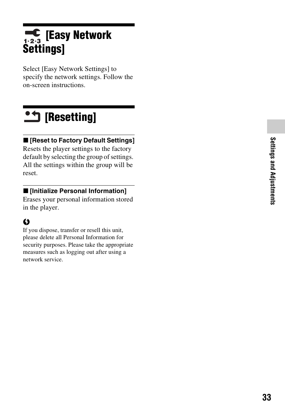 Easy network settings, Resetting | Sony a7C II Mirrorless Camera (Silver) User Manual | Page 33 / 48