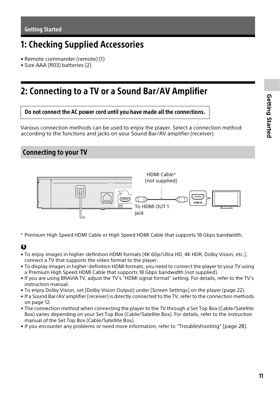 Getting started, Checking supplied accessories, Connecting to a tv or a sound bar/av amplifier | Connecting to your tv | Sony a7C II Mirrorless Camera (Silver) User Manual | Page 11 / 44