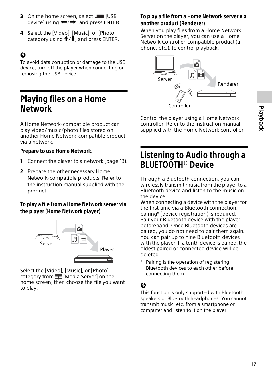 Playing files on a home network, Listening to audio through a bluetooth® device | Sony a7C II Mirrorless Camera (Silver) User Manual | Page 17 / 44