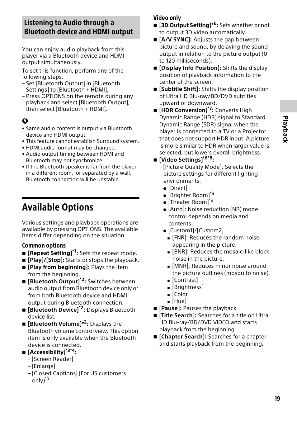 Available options, E 19, 19 play back | Common options, Video only | Sony a7C II Mirrorless Camera (Silver) User Manual | Page 19 / 44