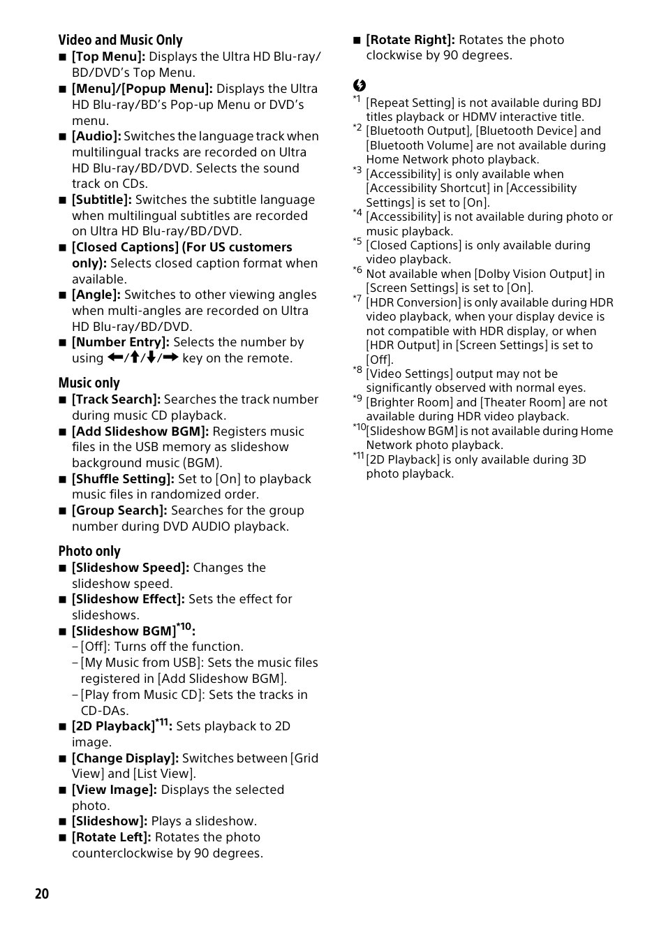 20 video and music only, Music only, Photo only | Sony a7C II Mirrorless Camera (Silver) User Manual | Page 20 / 44