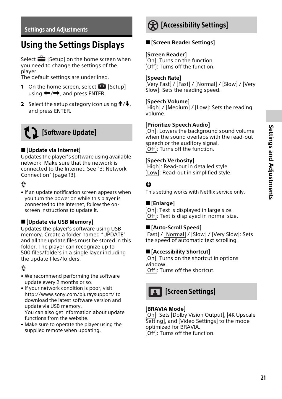 Settings and adjustments, Using the settings displays | Sony a7C II Mirrorless Camera (Silver) User Manual | Page 21 / 44