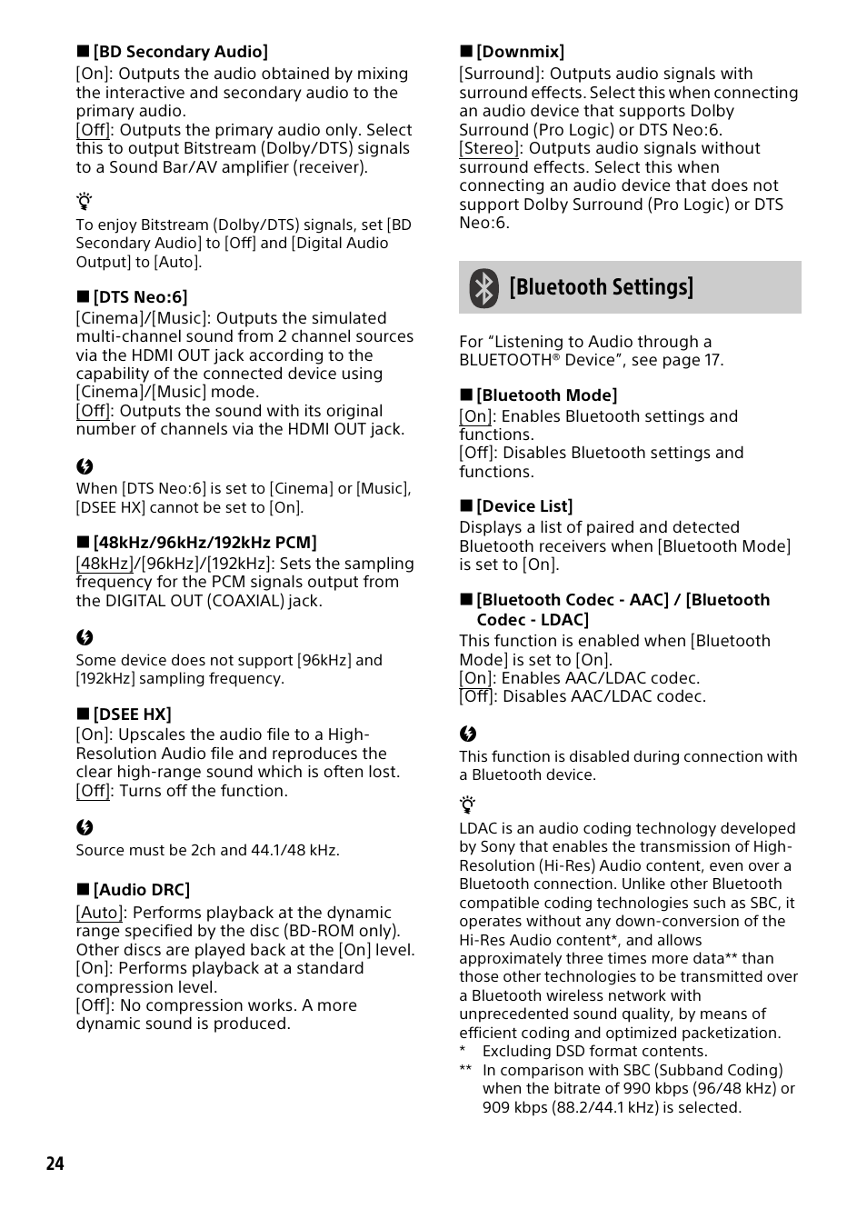 Bluetooth settings | Sony a7C II Mirrorless Camera (Silver) User Manual | Page 24 / 44
