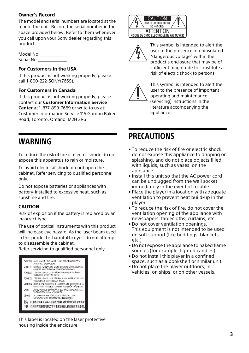 Warning, Precautions | Sony a7C II Mirrorless Camera (Silver) User Manual | Page 3 / 44