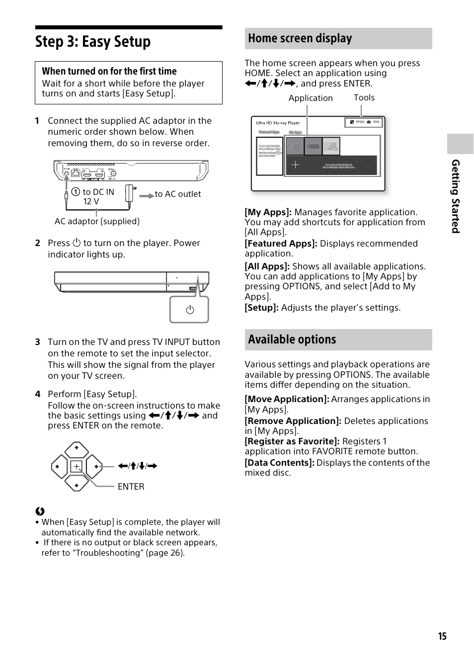 Step 3: easy setup, Home screen display, Available options | Home screen display available options | Sony a6700 Mirrorless Camera with 16-50mm Lens User Manual | Page 15 / 40