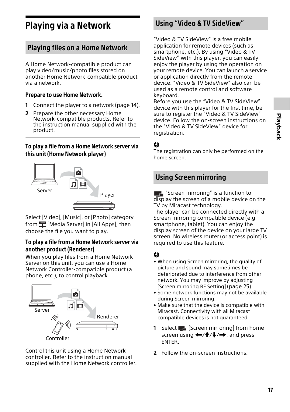 Playing via a network, Playing files on a home network, Using “video & tv sideview | Using screen mirroring, Using “video & tv sideview” using screen mirroring | Sony a6700 Mirrorless Camera with 16-50mm Lens User Manual | Page 17 / 40