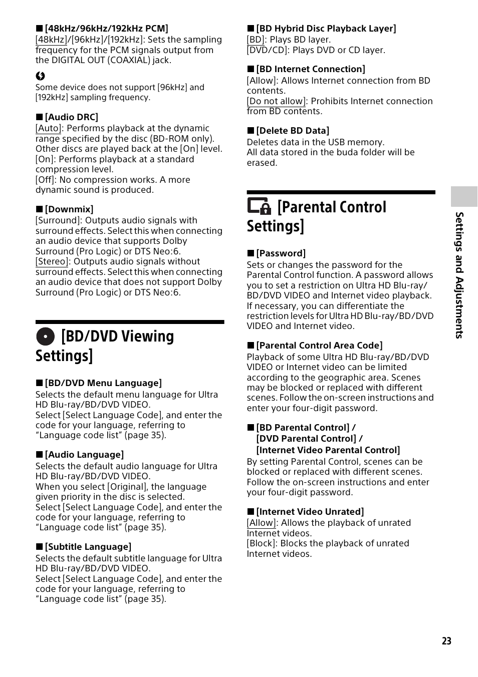 Bd/dvd viewing settings, Parental control settings | Sony a6700 Mirrorless Camera with 16-50mm Lens User Manual | Page 23 / 40