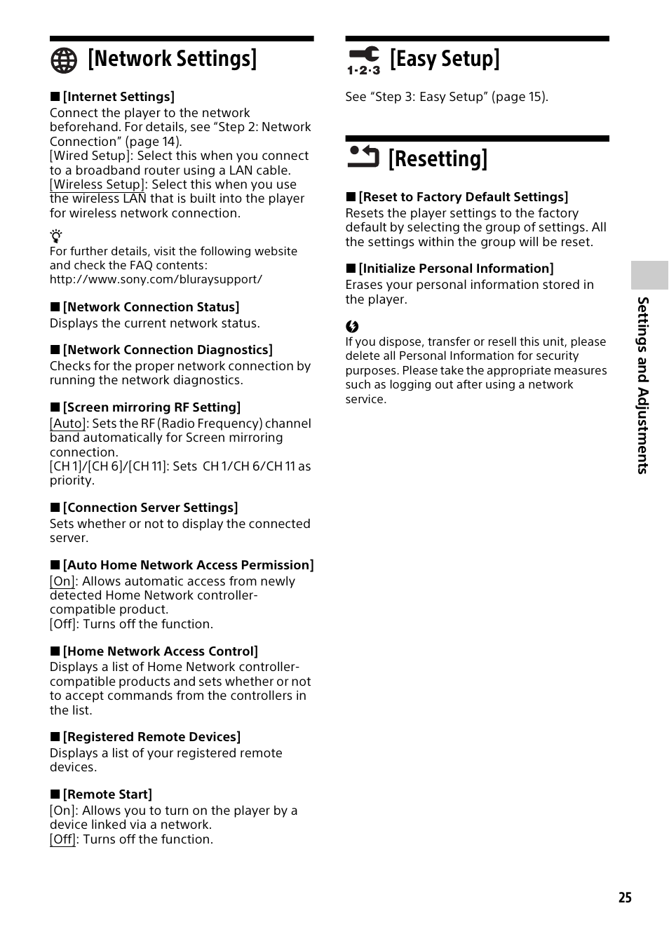 Network settings, Easy setup, Resetting | Network settings] [easy setup] [resetting | Sony a6700 Mirrorless Camera with 16-50mm Lens User Manual | Page 25 / 40