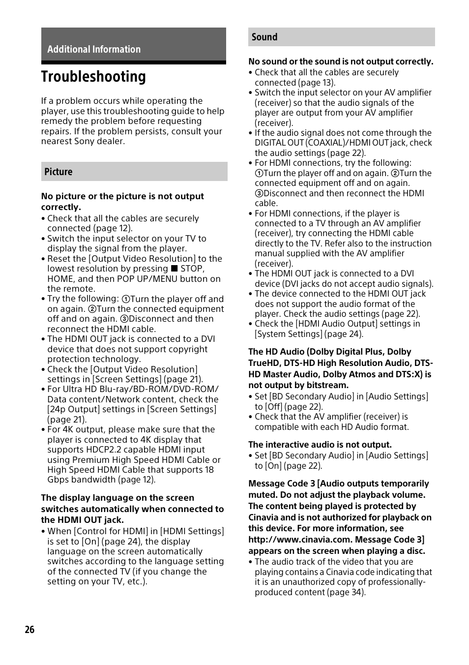 Additional information, Troubleshooting, Picture | Sound, Picture sound | Sony a6700 Mirrorless Camera with 16-50mm Lens User Manual | Page 26 / 40