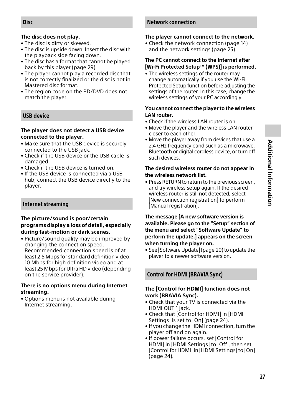 Disc, Usb device, Internet streaming | Network connection, Control for hdmi (bravia sync) | Sony a6700 Mirrorless Camera with 16-50mm Lens User Manual | Page 27 / 40