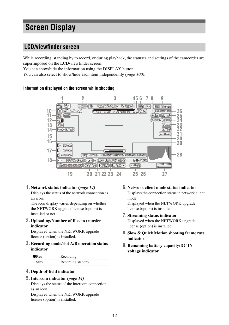 Screen display, Lcd/viewfinder screen | Sony ZV-1F Vlogging Camera (Black) User Manual | Page 12 / 160