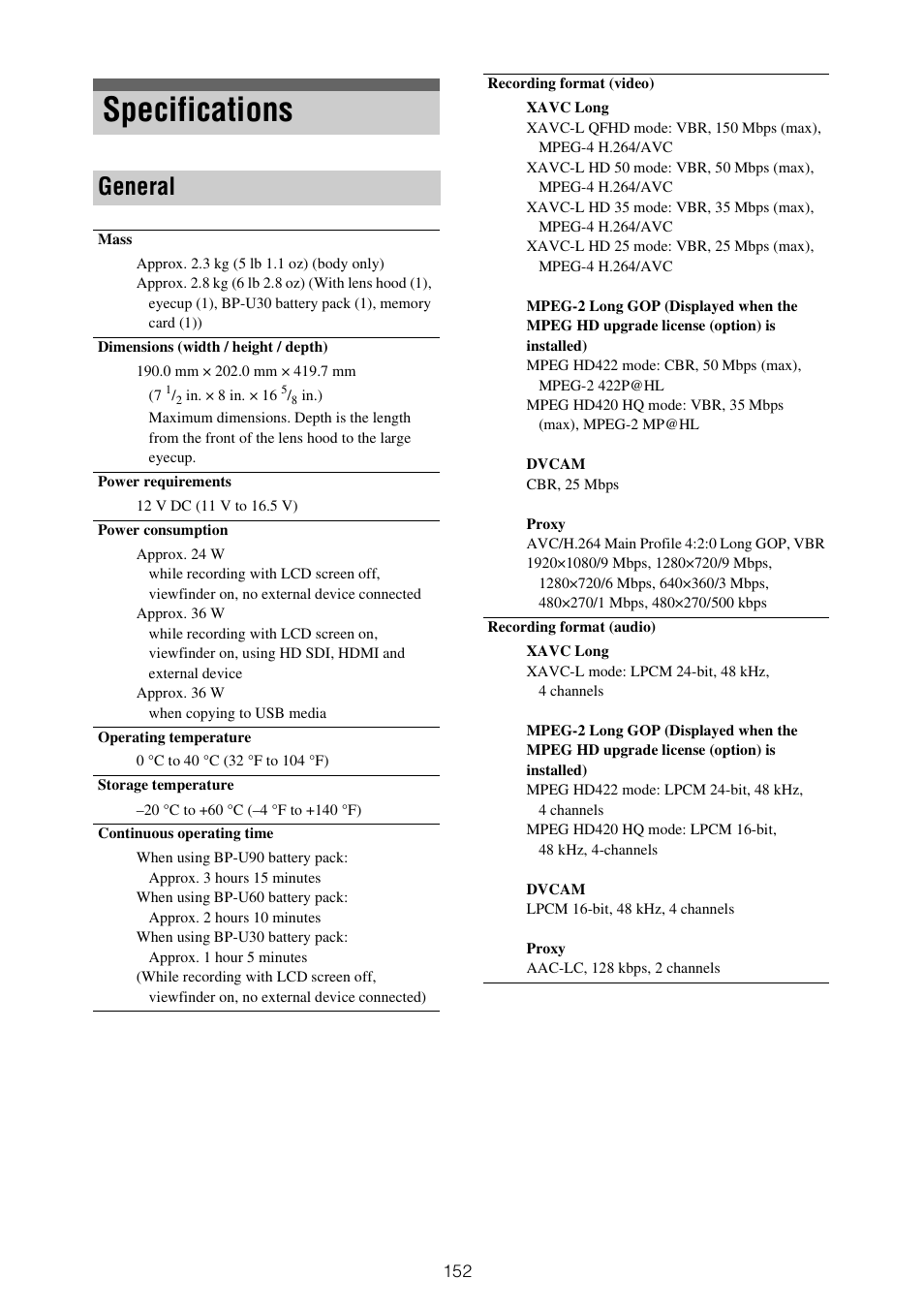 Specifications, General | Sony ZV-1F Vlogging Camera (Black) User Manual | Page 152 / 160