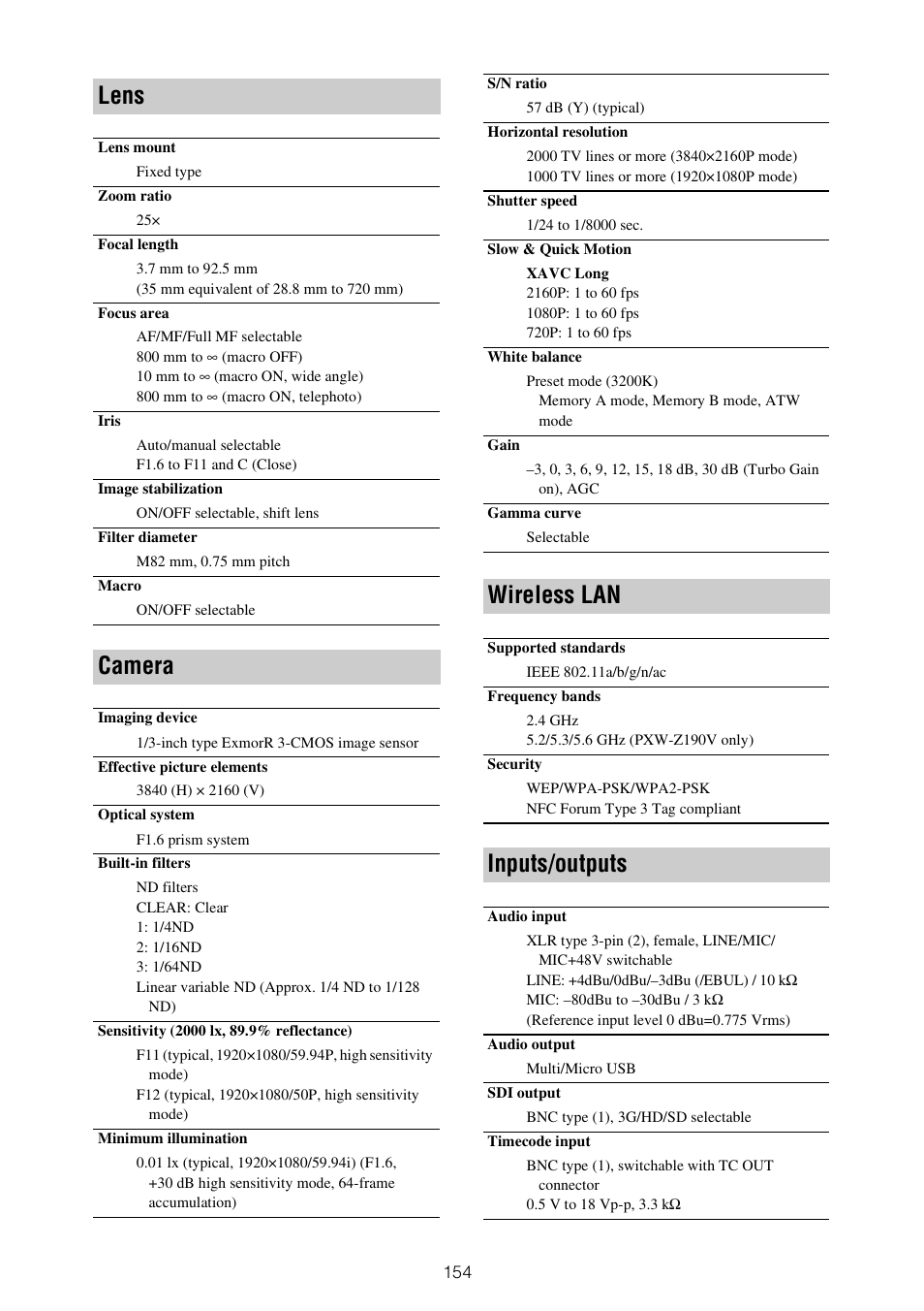 Lens camera wireless lan inputs/outputs, Lens, Camera | Wireless lan, Inputs/outputs | Sony ZV-1F Vlogging Camera (Black) User Manual | Page 154 / 160