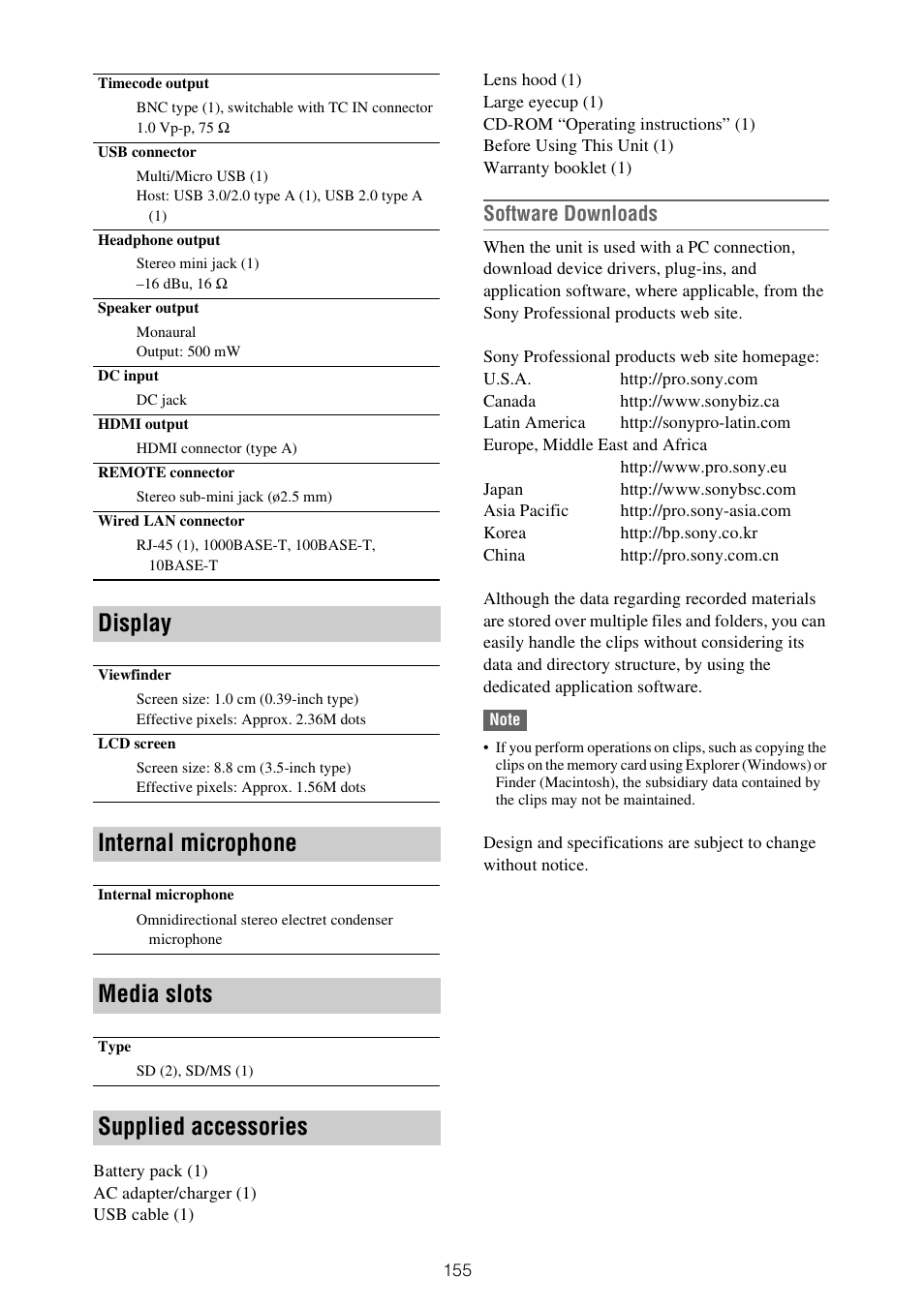 Display, Internal microphone, Media slots | Supplied accessories, Software downloads | Sony ZV-1F Vlogging Camera (Black) User Manual | Page 155 / 160