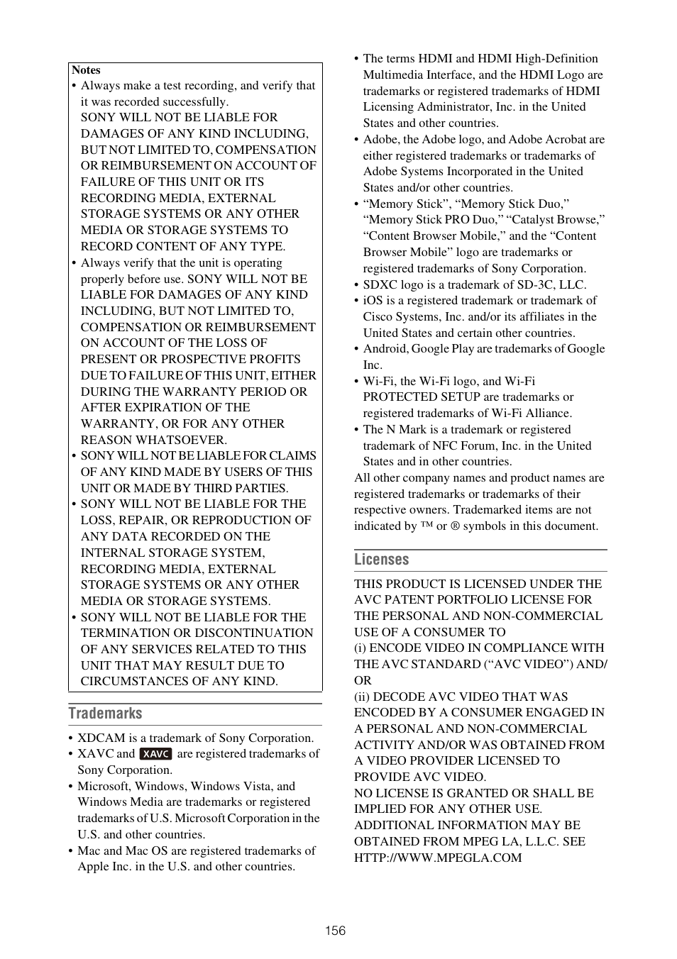 Trademarks, Licenses | Sony ZV-1F Vlogging Camera (Black) User Manual | Page 156 / 160
