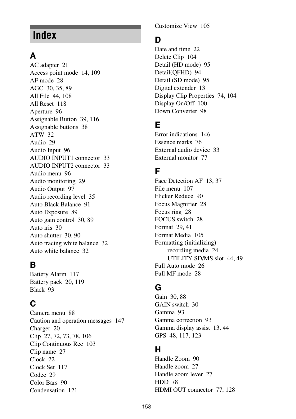 Index | Sony ZV-1F Vlogging Camera (Black) User Manual | Page 158 / 160