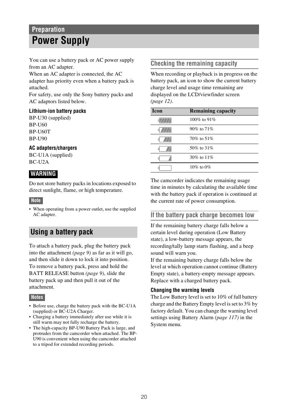 Preparation, Power supply, Using a battery pack | Checking the remaining capacity, If the battery pack charge becomes low | Sony ZV-1F Vlogging Camera (Black) User Manual | Page 20 / 160