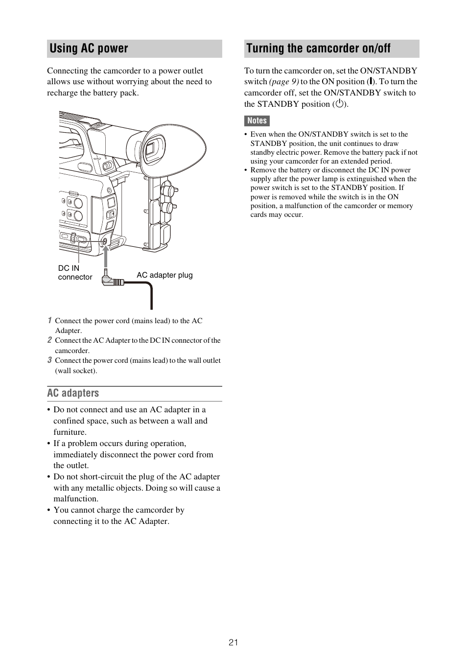 Using ac power turning the camcorder on/off, Using ac power, Turning the camcorder on/off | Ac adapters | Sony ZV-1F Vlogging Camera (Black) User Manual | Page 21 / 160