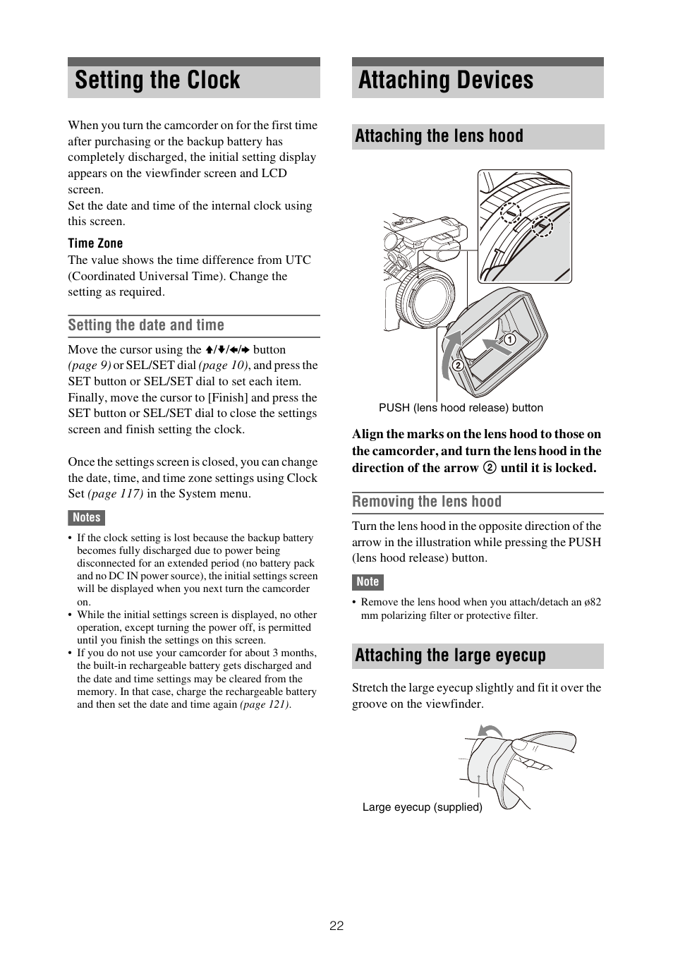 Setting the clock, Attaching devices, Attaching the lens hood attaching the large eyecup | Setting the clock attaching devices | Sony ZV-1F Vlogging Camera (Black) User Manual | Page 22 / 160