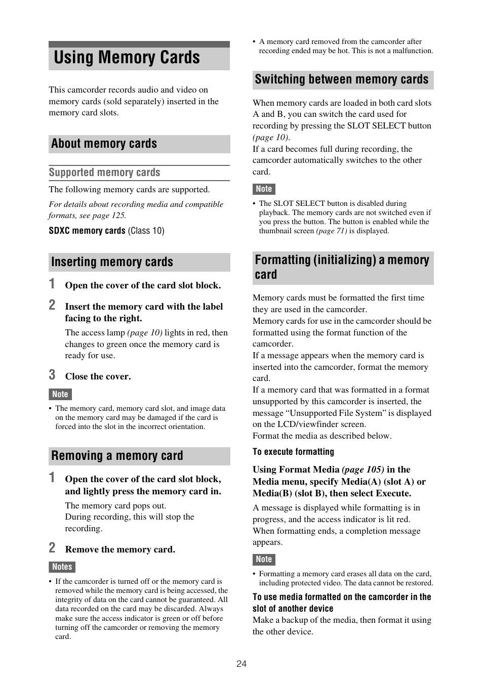 Using memory cards | Sony ZV-1F Vlogging Camera (Black) User Manual | Page 24 / 160
