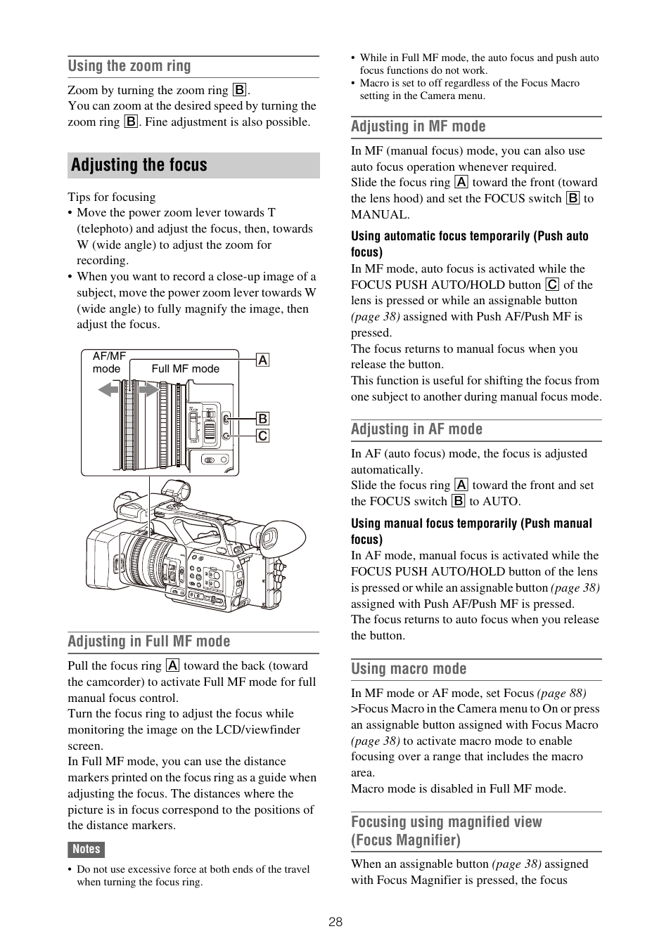 Adjusting the focus, Using the zoom ring, Adjusting in full mf mode | Adjusting in mf mode, Adjusting in af mode, Using macro mode, Focusing using magnified view (focus magnifier) | Sony ZV-1F Vlogging Camera (Black) User Manual | Page 28 / 160