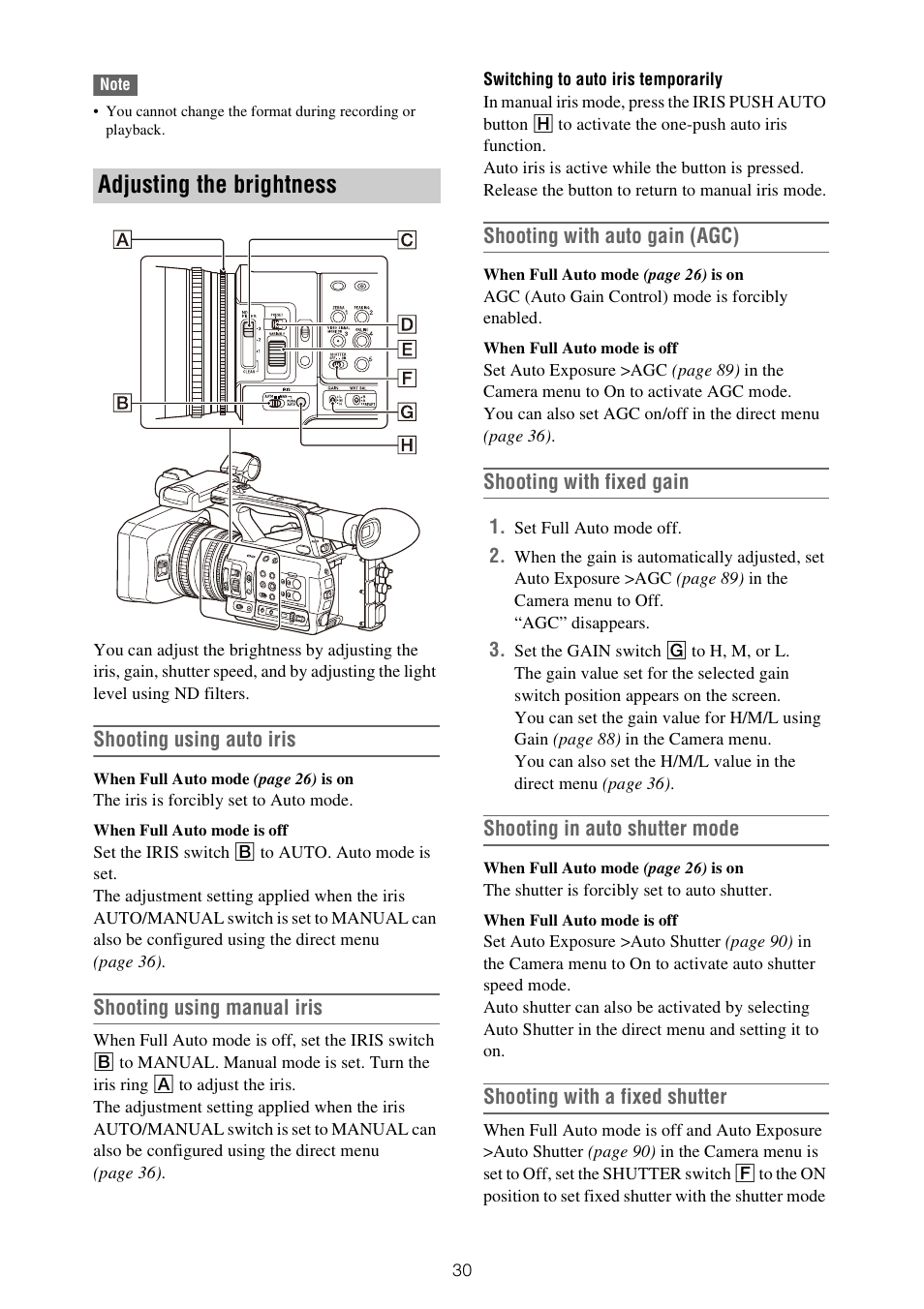 Adjusting the brightness, Shooting using auto iris, Shooting using manual iris | Shooting with auto gain (agc), Shooting with fixed gain, Shooting in auto shutter mode, Shooting with a fixed shutter | Sony ZV-1F Vlogging Camera (Black) User Manual | Page 30 / 160