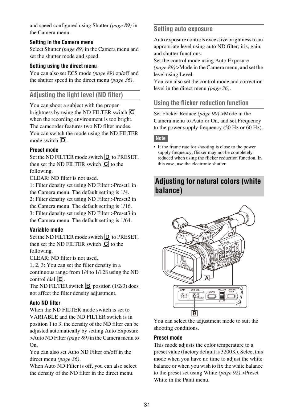Adjusting for natural colors (white balance), Adjusting the light level (nd filter), Setting auto exposure | Using the flicker reduction function | Sony ZV-1F Vlogging Camera (Black) User Manual | Page 31 / 160