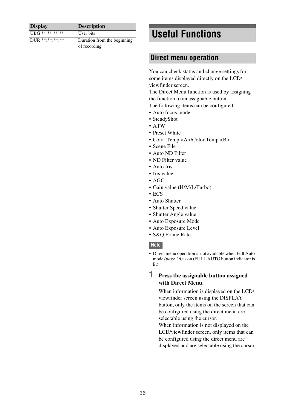 Useful functions, Direct menu operation | Sony ZV-1F Vlogging Camera (Black) User Manual | Page 36 / 160