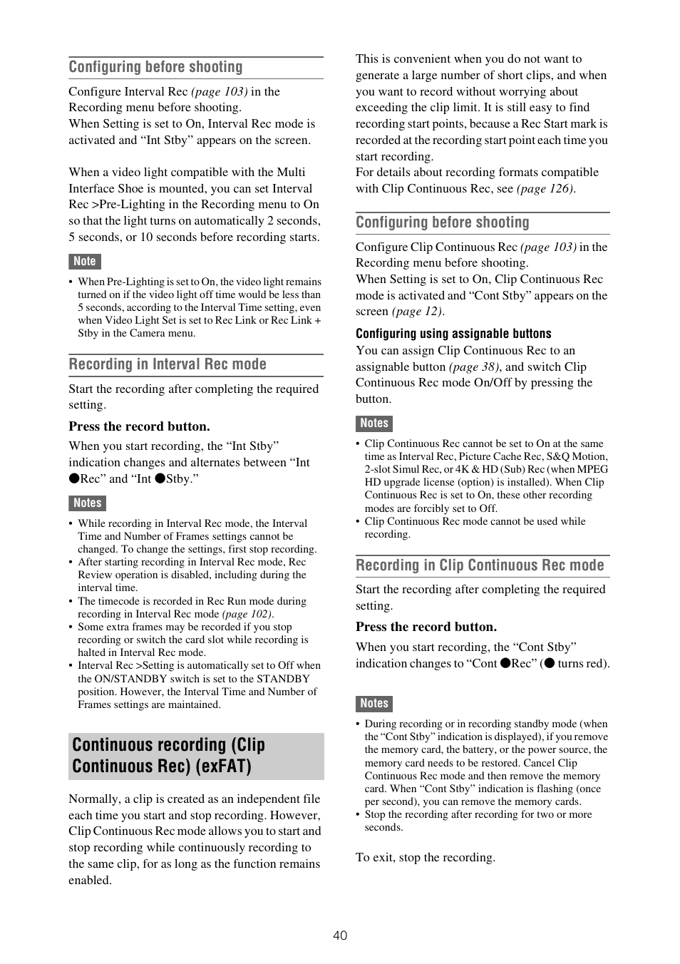 Continuous recording (clip continuous rec), Exfat), Continuous recording (clip continuous rec) (exfat) | Configuring before shooting, Recording in interval rec mode, Recording in clip continuous rec mode | Sony ZV-1F Vlogging Camera (Black) User Manual | Page 40 / 160