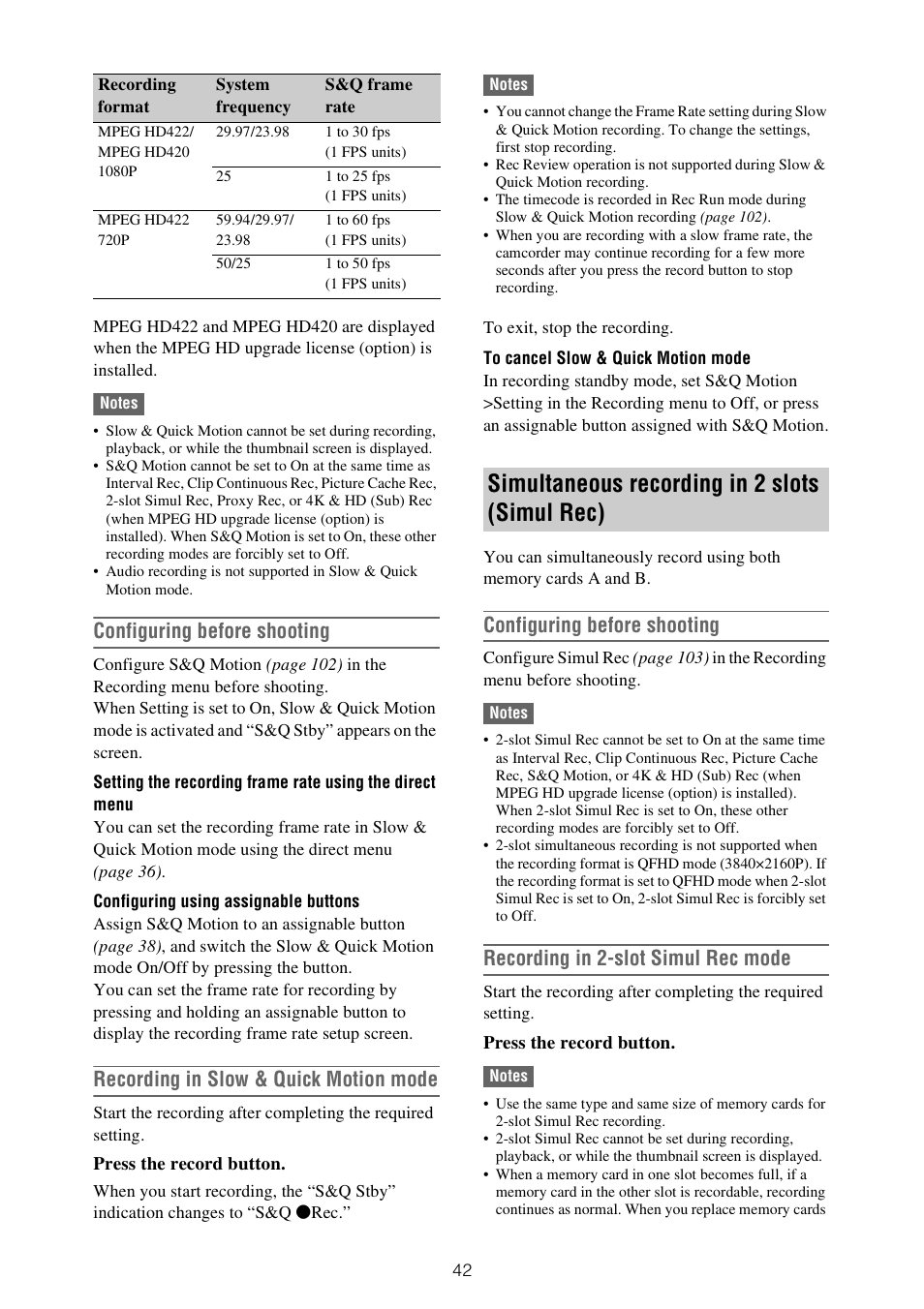 Simultaneous recording in 2 slots (simul rec), Configuring before shooting, Recording in slow & quick motion mode | Recording in 2-slot simul rec mode | Sony ZV-1F Vlogging Camera (Black) User Manual | Page 42 / 160