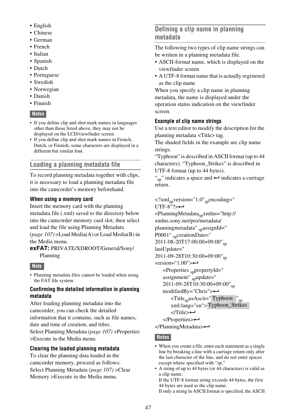 Loading a planning metadata file, Defining a clip name in planning metadata | Sony ZV-1F Vlogging Camera (Black) User Manual | Page 47 / 160