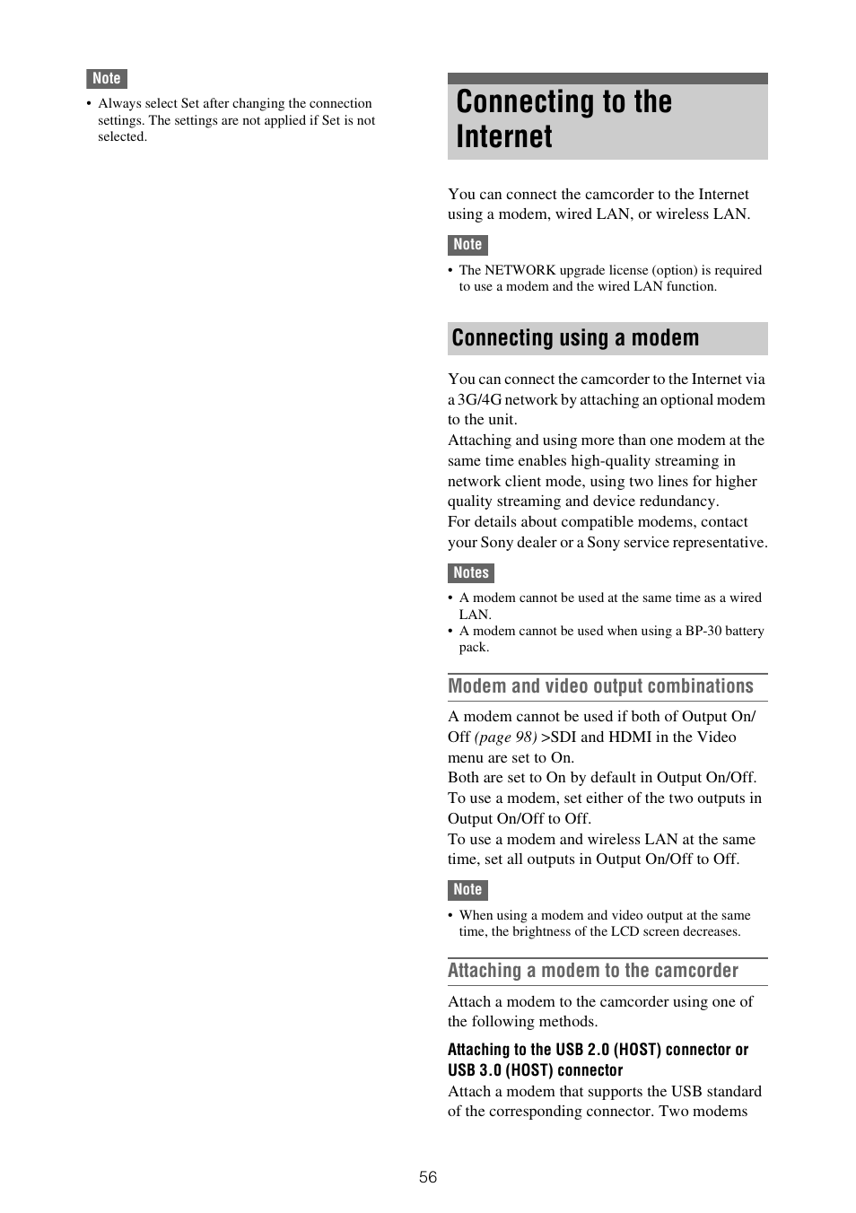 Connecting to the internet, Connecting using a modem, Modem and video output combinations | Attaching a modem to the camcorder | Sony ZV-1F Vlogging Camera (Black) User Manual | Page 56 / 160