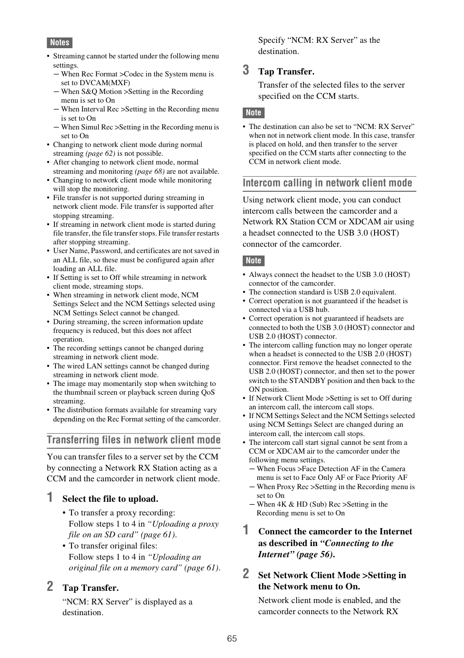 Transferring files in network client mode, Intercom calling in network client mode | Sony ZV-1F Vlogging Camera (Black) User Manual | Page 65 / 160
